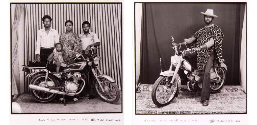Left: Toute la famille avec Moto, Malick Sidibe. 1974. Right:Mamadou et sa nouvlle moto , Malick Sidibe. 1974.